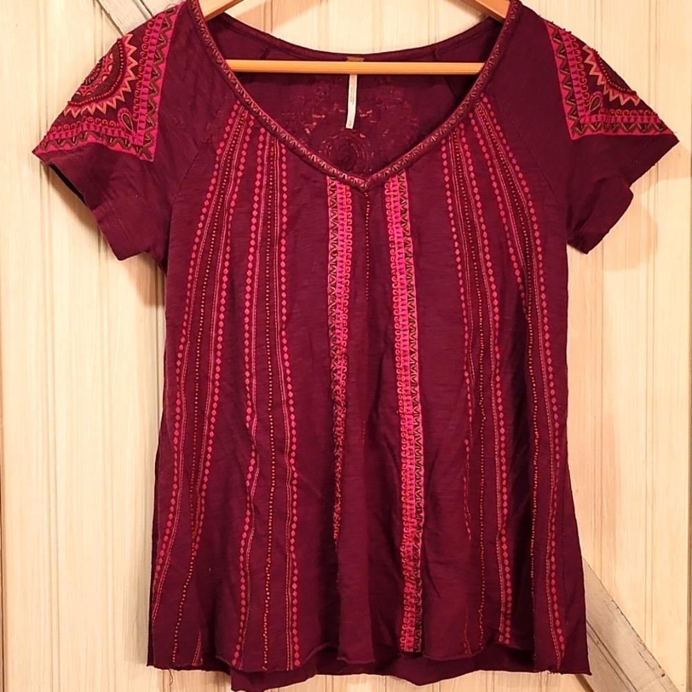 FREE PEOPLE Embellished embroidered v neck tunic top small petite NWOT